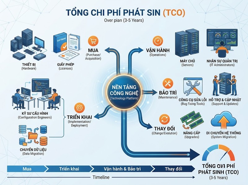 Tổng chi phí sở hữu công nghệ gồm mua, triển khai, vận hành, bảo trì và thay đổi
